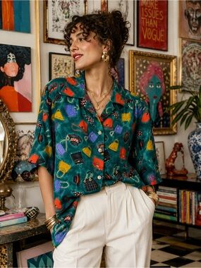 VTG St Gallen Switzerland Silk Novelty Print Blouse Couture HandbagPrint M L